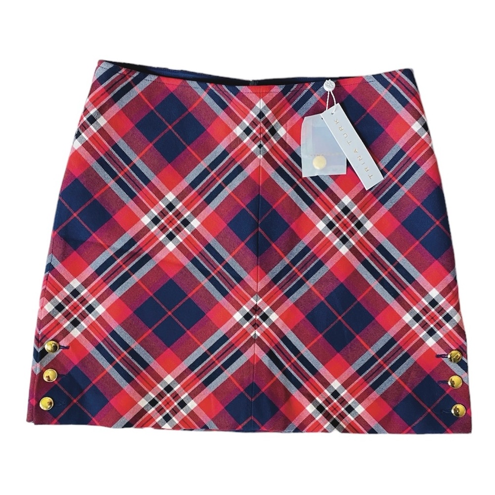 NWT Trina Turk Hurst Plaid Mini Skirt Red Blue White Gold Button Details